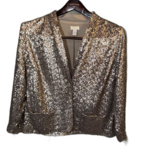 Chico's Women's Gold Jacket size 2 all over sequin blazer glitter champagne